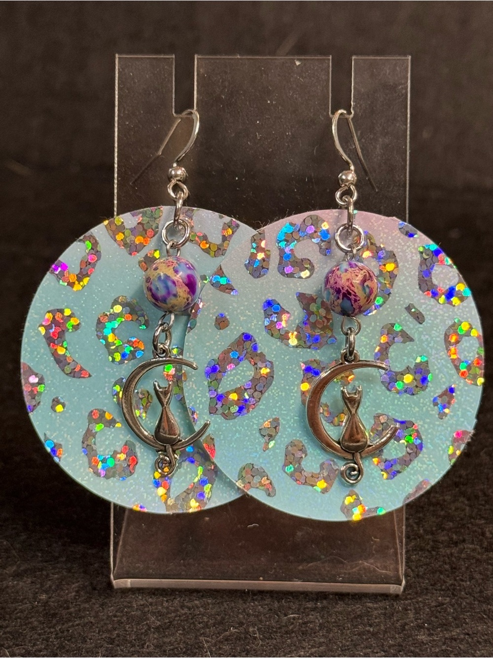 Aqua/Lavender Holographic Faux Leather Earrings With Cat Crescent Charms